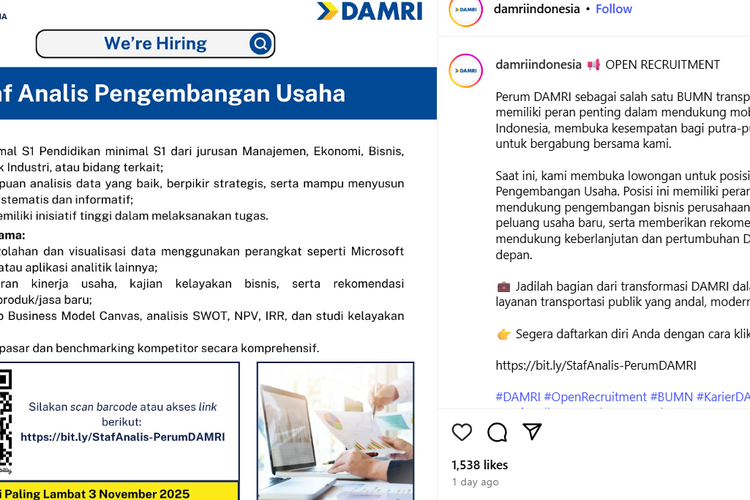 Perum DAMRI membuka lowongan kerja untuk posisi Staf Analis Pengembangan Usaha. Lowongan kerja ini terbuka bagi lulusan S1 Manajemen, Ekonomi, Bisnis