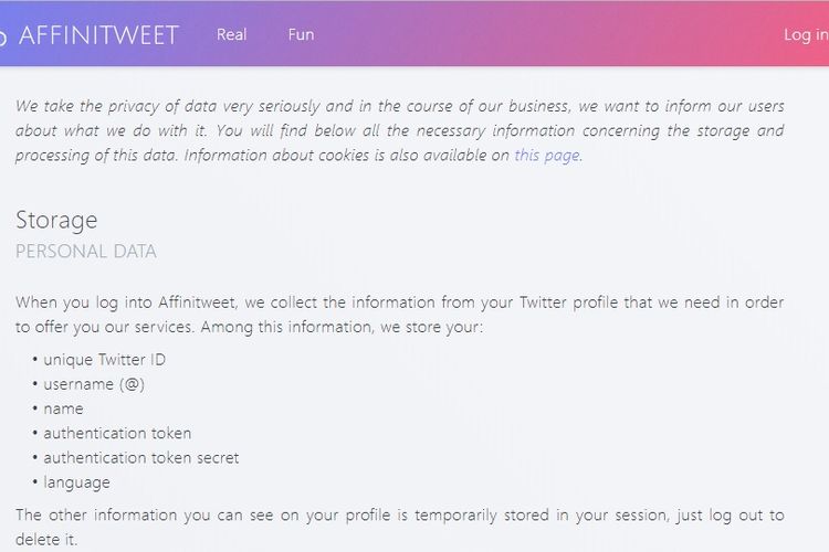 Halaman data dan privasi Affinitweet
