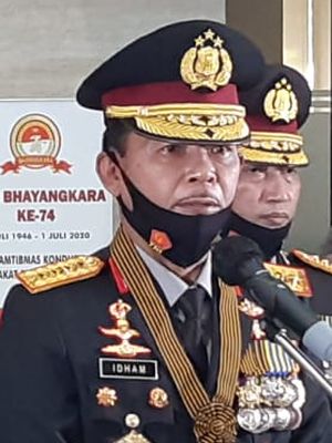 Kapolri Jenderal (Pol) Idham Azis (tengah) di Gedung Bareskrim Polri, Jakarta Selatan, Rabu (1/7/2020).