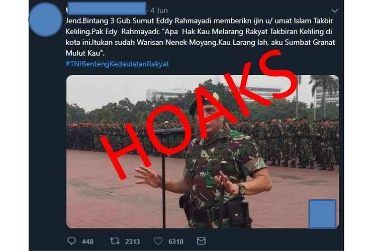 Hoaks Gubernur Sumatera Utara, Edy Rahmayadi ancam sumpal mulut kepolisian beredar di media sosial Twitter.