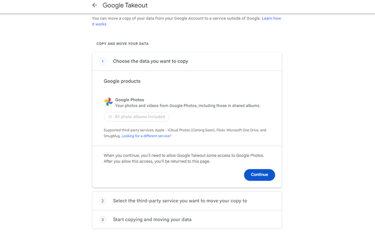 Halaman Google Takeout yang digunakan untuk mentransfer foto dan video Google Photos ke iCloud Photos.