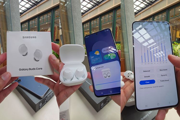 Karakter suara Galaxy Buds Core tidak terlalu ngebas. Sementara kami pribadi memang lebih suka output yang bassy. Untungnya, Samsung menyiapkan preset EQ seperti Bass boost, Balanced, Smooth, Clear, Treble Boost, dan Dynamic. 
