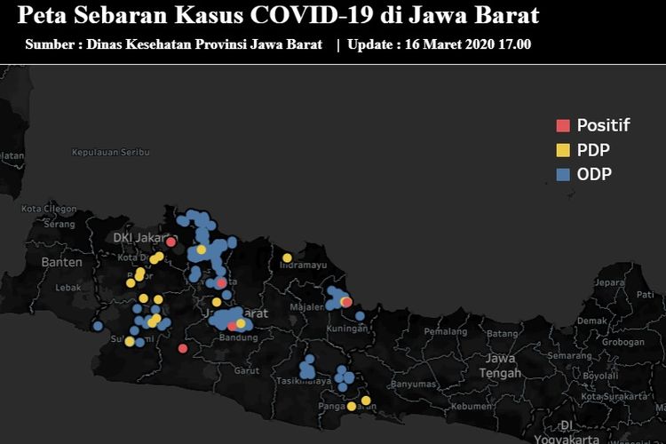 Peta sebaran kasus corona di Jawa Barat di laman pikobar.jabarprov.go.id. 