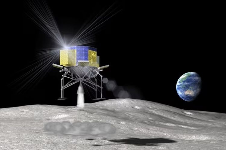 Foto hasil rekaan artis yang dirilis Badan Penjelajah Antariksa Jepang (JAXA) menggambarkan bagaimana wahana penjelajah antariksa SLIM (Smart Lander for Investigating Moon)mendarat di Bulan, 20 April 2015.