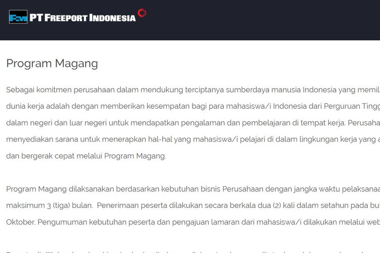 PT Freeport Indonesia sedang membuka lowongan kerja magang bagi mahasiswa D4, S1, dan S2.