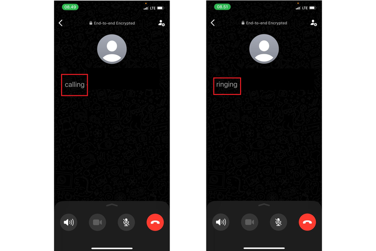 Ilustrasi status telepon WhatsApp di iPhone yang tetap memiliki status memanggil ketika menghubungi nomor tidak aktif (kiri) dan berdering ketika nomor aktif (kanan).