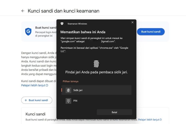 Tampilan saat akan mengganti sistem keamanan dari kata sandi (password) ke kunci sandi (passkey). Pengguna bisa memilih jenis Passkey apa yang akan digunakan, meliputi sidik jari, PIN, atau pengenalan wajah.