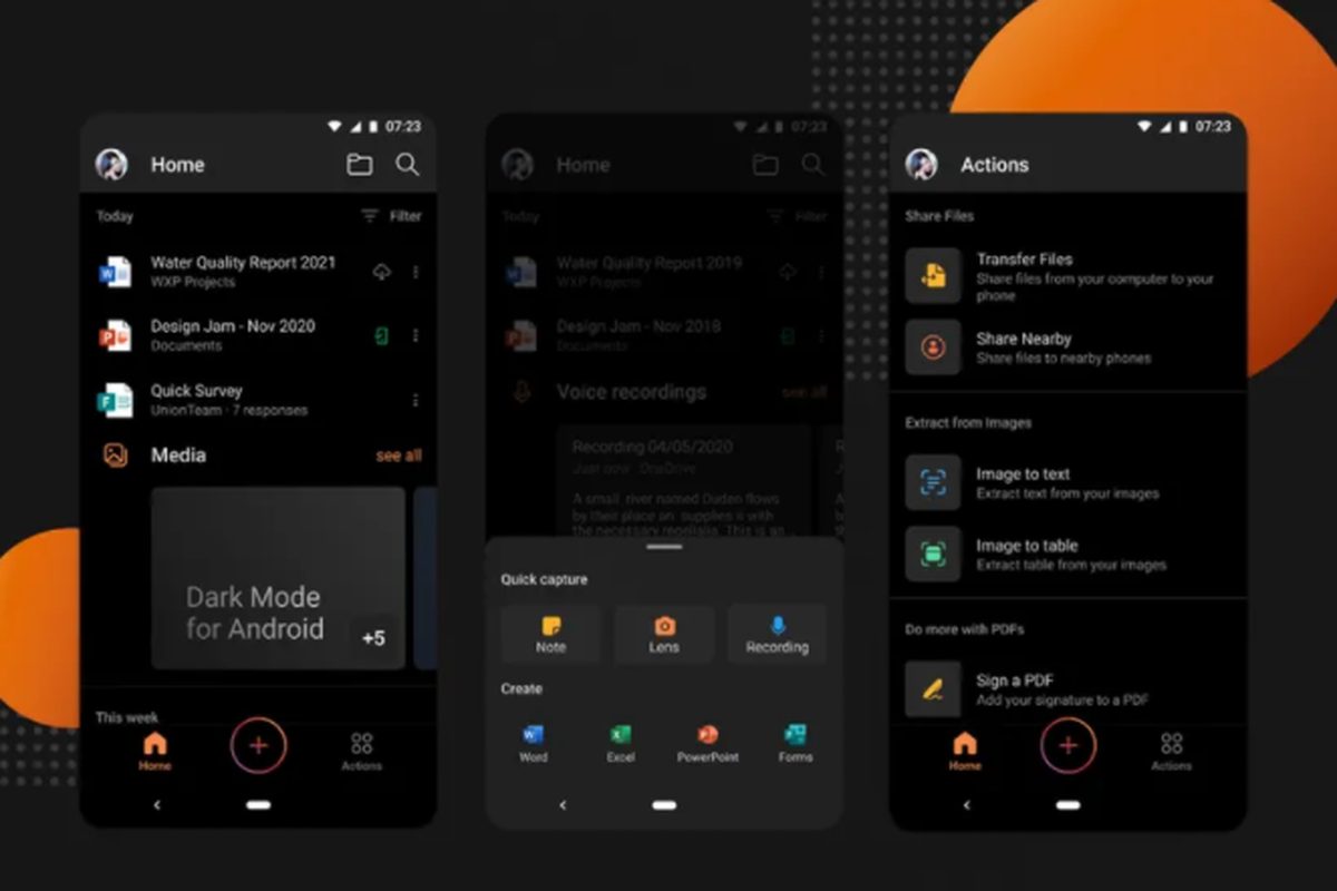 Tampilan mode gelap pada aplikasi Microsoft Office berbasis Android.