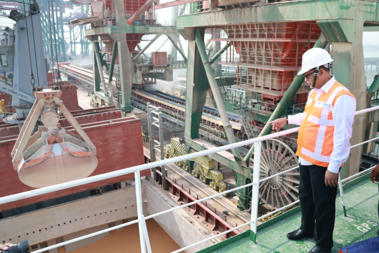 Direktur Utama Perum Bulog Budi Waseso memantau kedatangan kapal pertama impor jagung pakan di Pelabuhan Teluk Lamong Surabaya, Rabu (14/11/2023) 