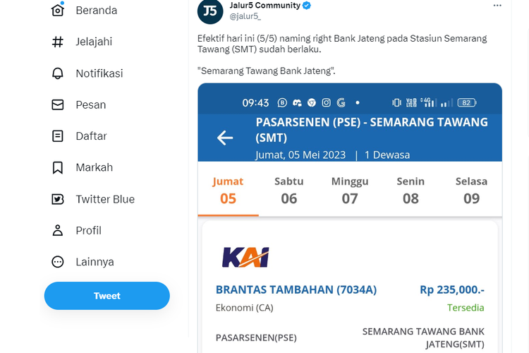 Tangkapan layar twit mengenai penamaan Stasiun Semarang Tawang Bank Jateng.