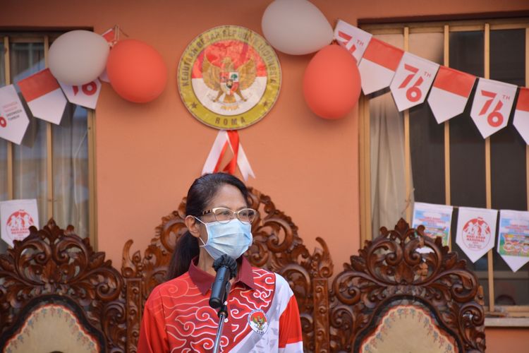 Duta Besar Republik Indonesia di Roma, Esti Andayani, dalam pidato sambutan di acara Ceria Merdeka dalam rangkaian peringatan Hari Anak Nasional, jelang HUT ke-76 RI pada Jumat (30/7/2021).