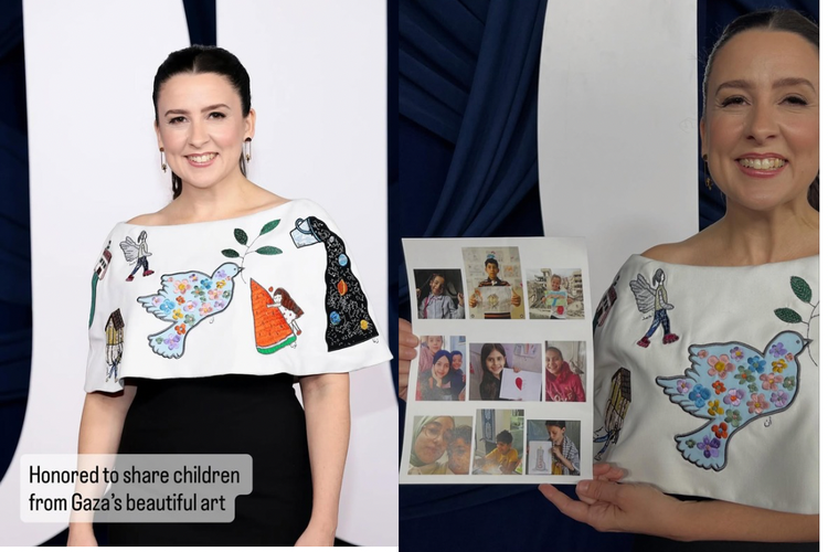 Ms Rachel tampil di Glamour Awards 2025 dengan gaun bertema gambar anak-anak Gaza, mengangkat kreativitas dan kisah mereka ke panggung internasional.