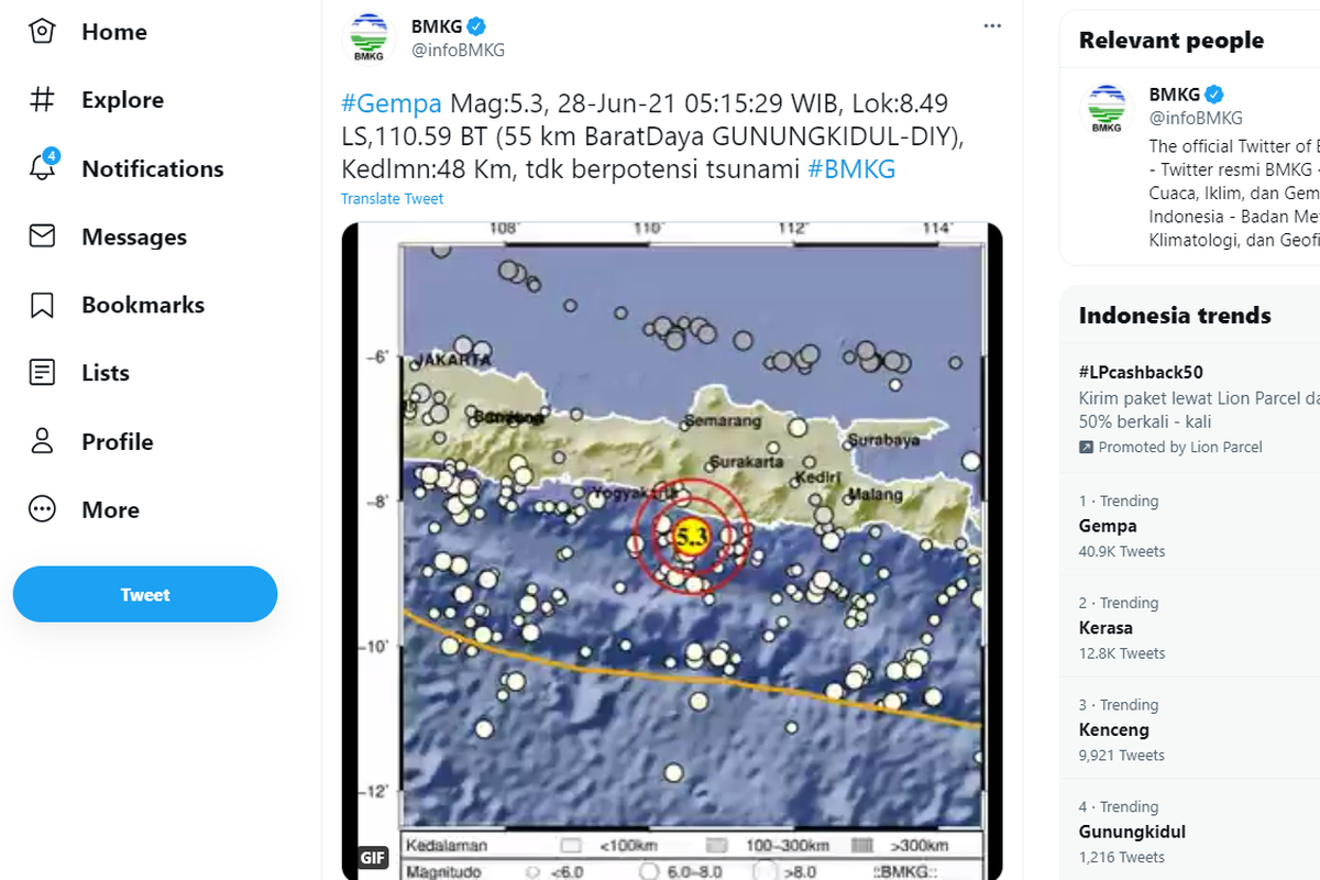 Informasi gempa yang dibagikan akun Twitter BMKG, gempa terjadi di Gunungkidul, Yogyakarta, dengan kekuatan M 5,3.