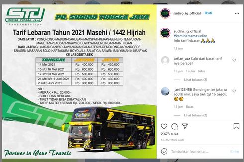 Harga Tiket PO Sudiro Tungga Jaya ke Jakarta, Mulai Rp 400.000