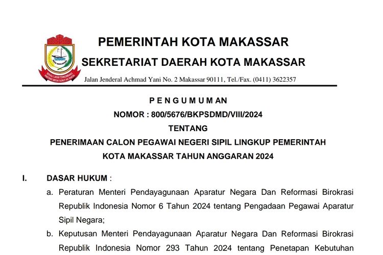 Pengumuman seleksi dan formasi CPNS 2024 di lingkungan Pemerintah Kota Makassar.