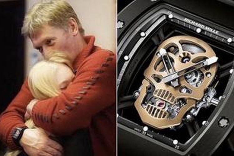 Juru bicara Presiden Vladimir Putin, Dmitry Peskov (kanan) dan jam tangan mewah merek Richard Mille yang konon berharga 620.000 dolar AS (kiri).
