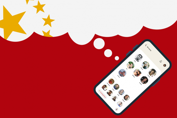 Ilustrasi aplikasi Clubhouse di depan bendera China.