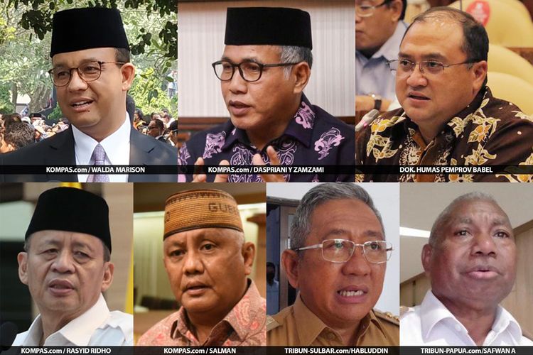 Foto kolase Gubernur DKI Jakarta Anies Baswedan, Gubernur Aceh Nova Iriansyah, Gubernur Kepulauan Bangka Belitung Erzaldi Rosman Djohan (atas, kiri ke kanan), dan Gubernur Banten Wahidin Halim, Gubernur Gorontalo Rusli Habibie, Gubernur Sulawesi Barat Muhammad Ali Baal Masdar, Gubernur Papua Barat Dominggus Mandacan (bawah, kiri ke kanan).