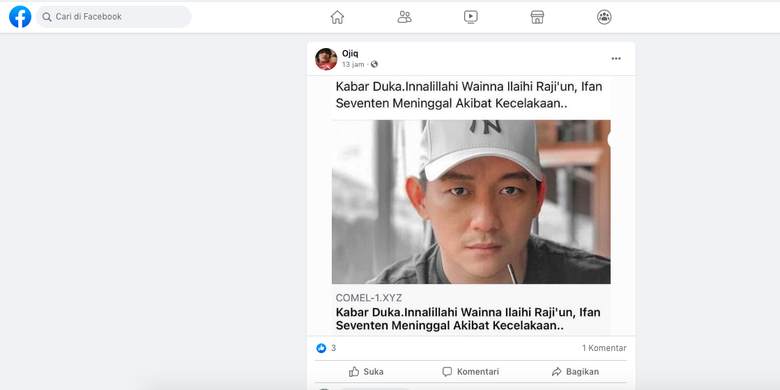 Tangkapan layar informasi yang menyebut Ifan Seventeen meninggal dunia akibat kecelakaan