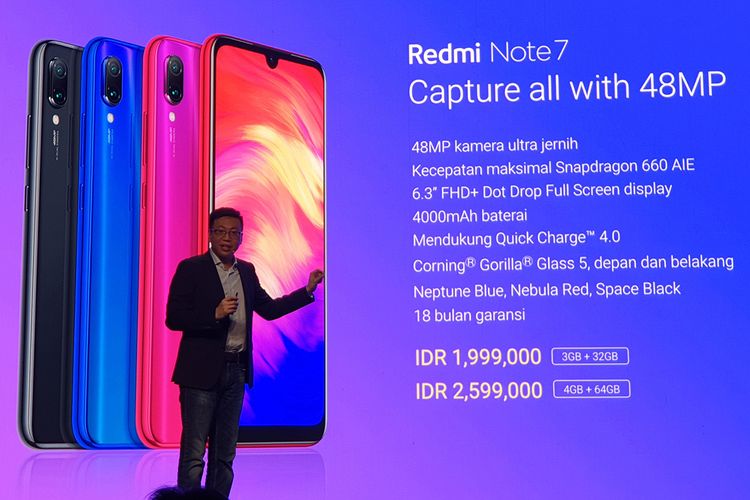 Country Manager Xiaomi Indonesia Steven Shi saat memaparkan spesifikasi Redmi Note 7 dalam acara peluncurannya di Jakarta, Kamis (21/3/2019). 