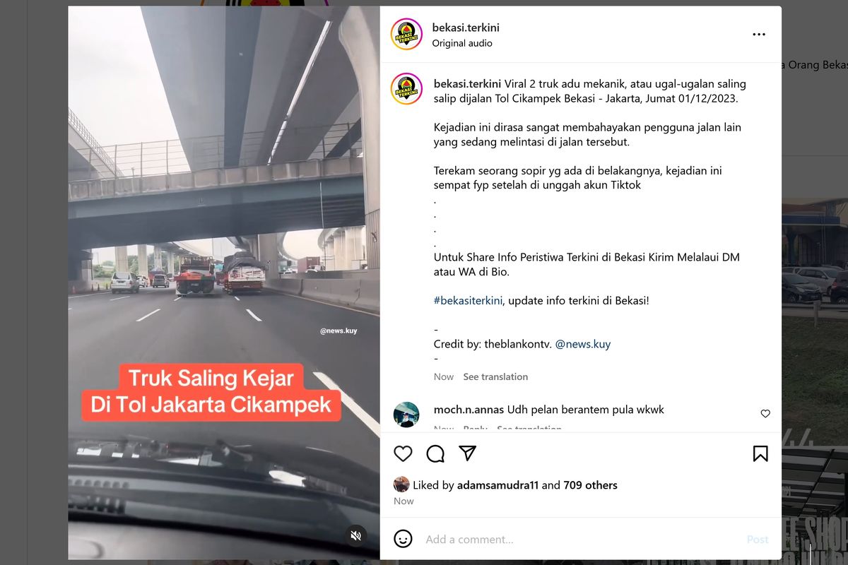 Video viral memperlihatkan dua truk ugal-ugalan di ruas jalan Tol Cikampek Bekasi - Jakarta. Diduga dua pengemudi truk tersebut cekcok dan akhirnya adu mekanik di jalan. 