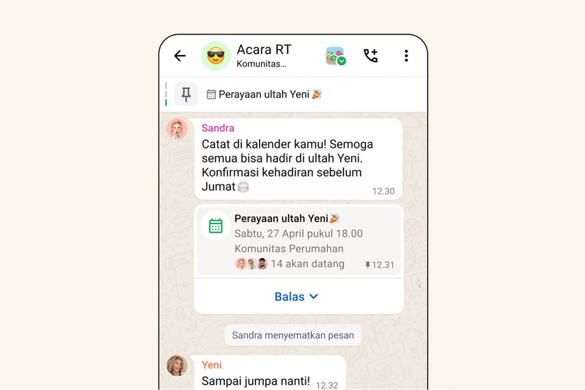 Tampilan fitur Acara di dalam grup yang terhubung di Komunitas WhatsApp