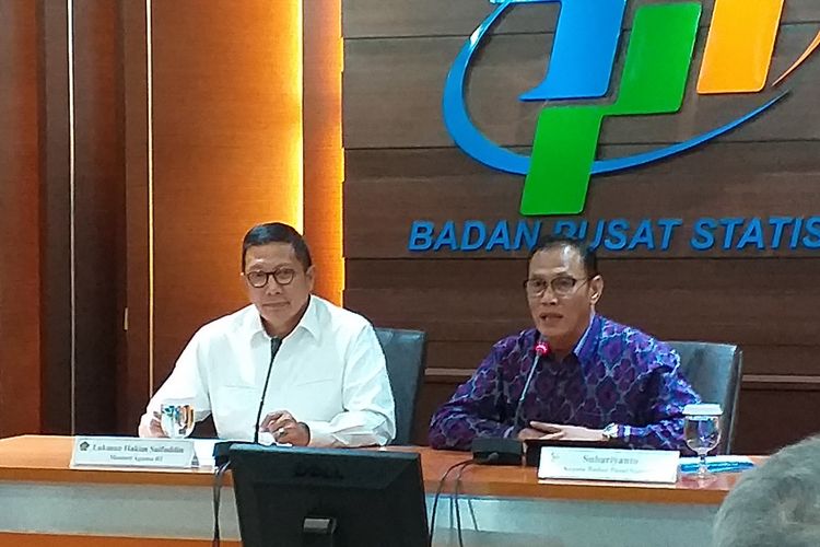 Kepala BPS Suhariyanto dan Menteri Agama Lukman Hakim Saifuddin saat memaparkan Indeks Kepuasan Jemaah Haji Indonesia Tahun 2018 di kantor BPS, Jakarta, Kamis (22/11/2018).