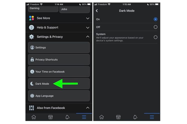 Tampilan dark mode di Facebook.