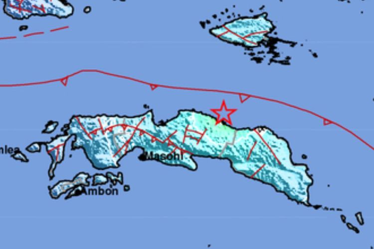 Data pusat gempa bumi di Laut Seram, Maluku akibat aktivitas Sesar Naik Utara Seram.