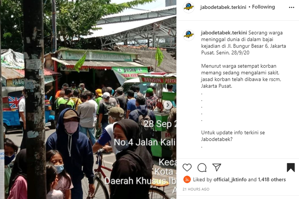 Warga dihebohkan dengan penemuan mayat di dalam bajaj biru di di Jalan Bungur Besar 6, Jakarta Pusat. 