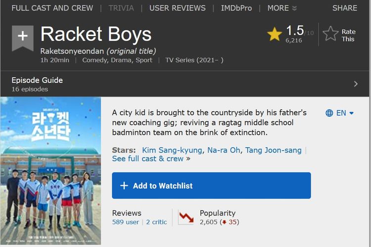 Rating drama produksi SBS Racket Boys anjlok di IMDb.