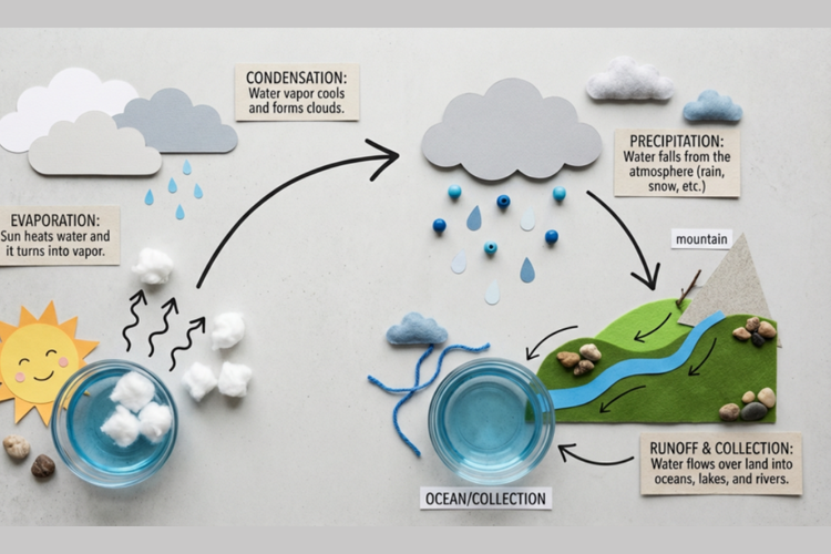 Gambar infografik edukatif tentang siklus air yang dihasilkan model AI Nano Banana 2.