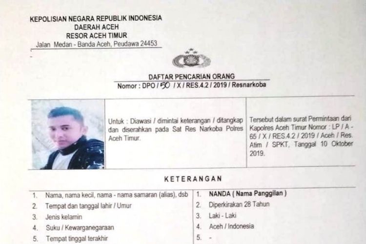 Surat Daftar Pencarian Orang (DPO) atasnama AR dikeluarkan Polres Aceh Timur, Aceh