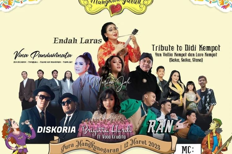 Laras Hati Mangkunegaran Musik Festival 2023 bakal digelar Pura Mangkunegaran, Solo, Jawa Tengah, Minggu (12/3/2023). 
