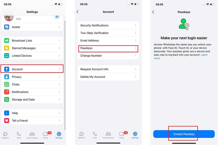 Ilustrasi cara mengaktifkan passkey di WhatsApp iPhone.