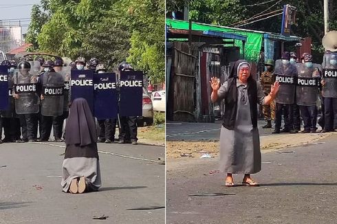Suster Ann Nu Thawng Menangis dan Berlutut di Hadapan Polisi, Memohon agar Demonstran Tak Ditangkapi