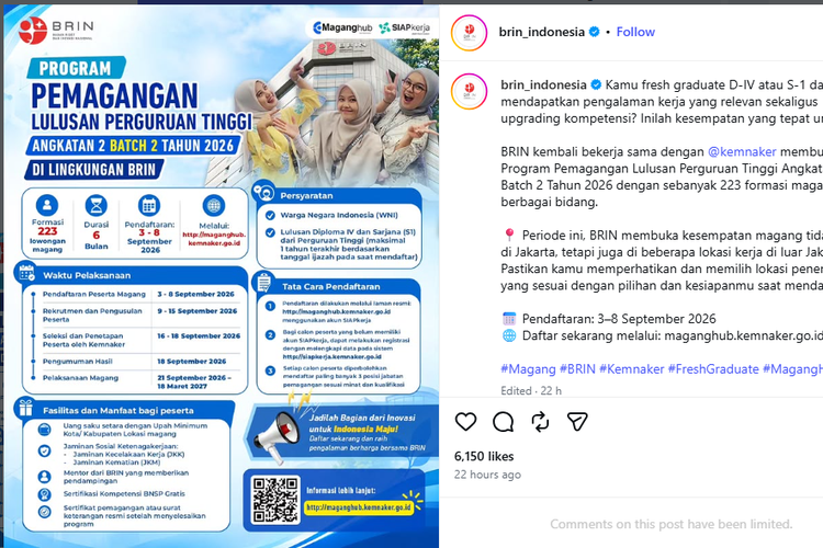 Lowongan MagangHub di BRIN Batch 2 Tahun 2026, Tersedia 223 Formasi
