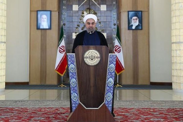 Presiden Iran Hassan Rouhani berpidato menanggapi kesepakatan perundingan nuklir di Vienna, Austria, Selasa (14/7/2015).