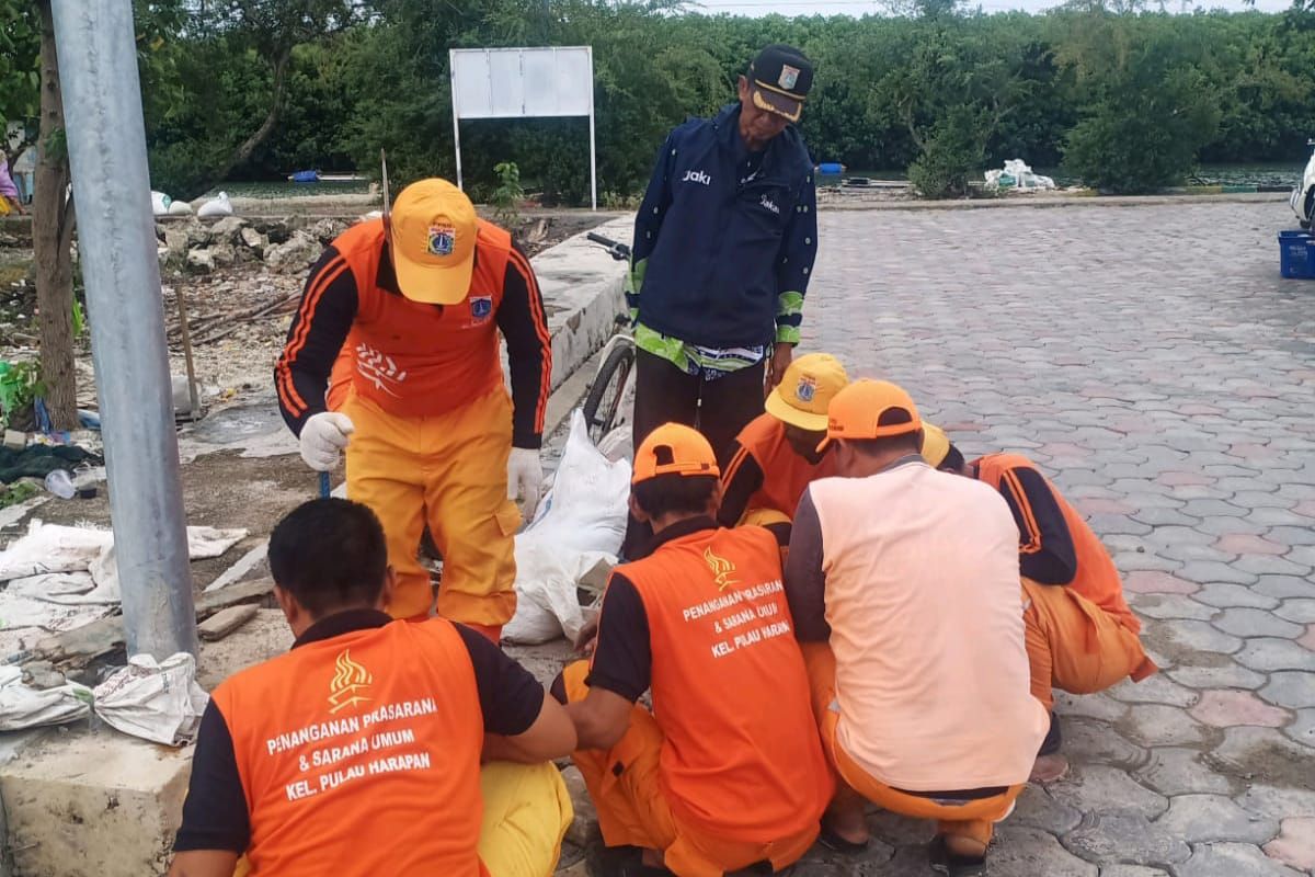 Petugas PPSU memperbaiki empat titik ruas jalan di Pulau Haapan, Kepulauan Seribu yang rusak. Perbaikan ini disebut akan rampung pada 3 Februari 2023. 