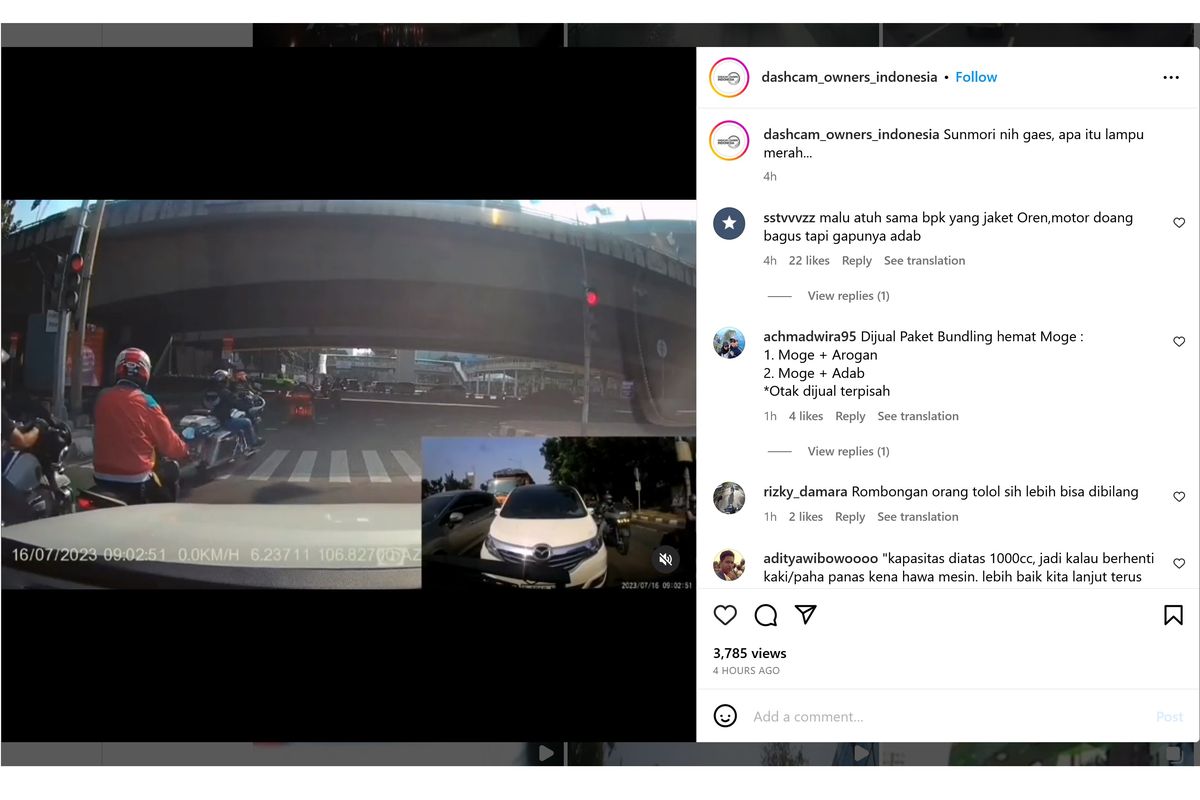 Viral video di Instagram, memperlihatkan rombongan pengendara motor besar (moge) Harley-Davidson yang menerobos lampu merah saat melakukan sunmori di lampu merah di wilayah Jakarta.