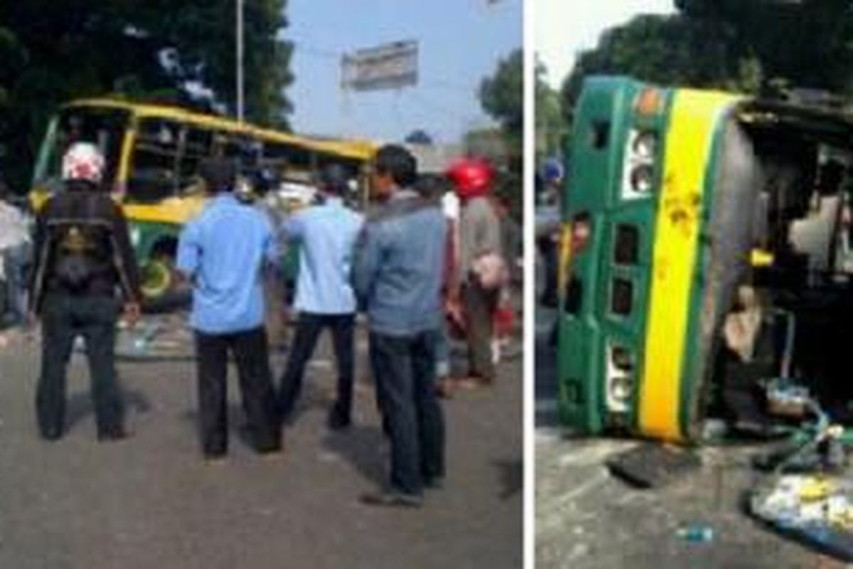 Foto-foto bus Koantas Bima 102 jurusan Tanah Abang-Ciputat yang terguling di Bunderan Pondok Indah, Sabtu (10/8/2013) rekaman warga yang diambil dari Twitter TMC Polda Metro Jaya.