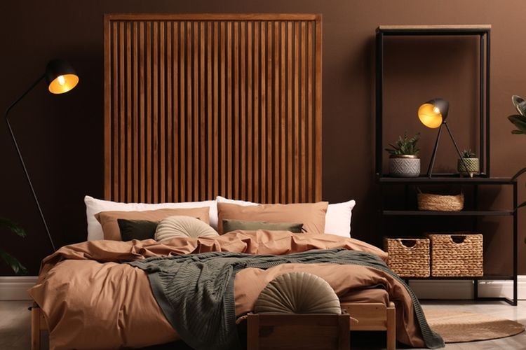 Ilustrasi kamar tidur dengan nuansa warna coklat. 