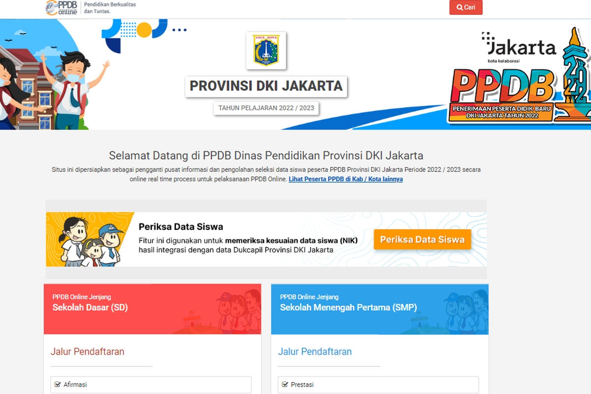 Tangkapan layar halaman utama laman ppdb.jakarta.go.id.