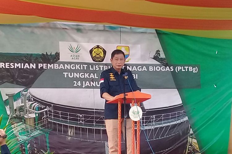 Menteri ESDM Ignasius Jonan saat memberikan sambutan pada peresmian Pembangkit Listrik tenaga Biogas (PLTBg) milik Asian Agri di Tungkal Ulu, Jambi, Rabu (24/1/2018)