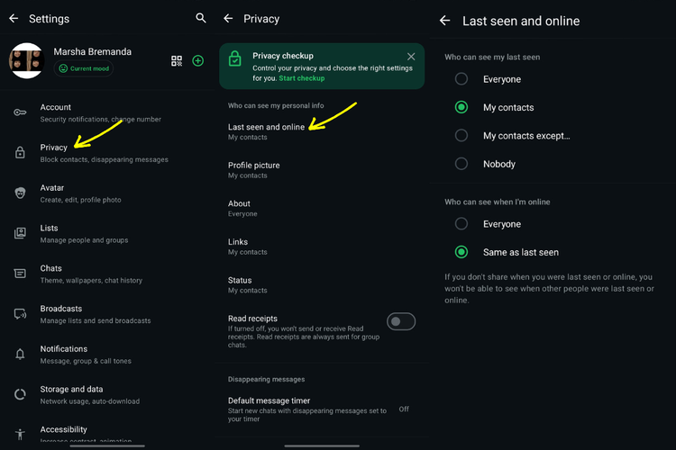 Menu Last seen & online di WhatsApp yang memungkinkan pengguna menyembunyikan status terakhir dilihat dan status online dari orang lain.
