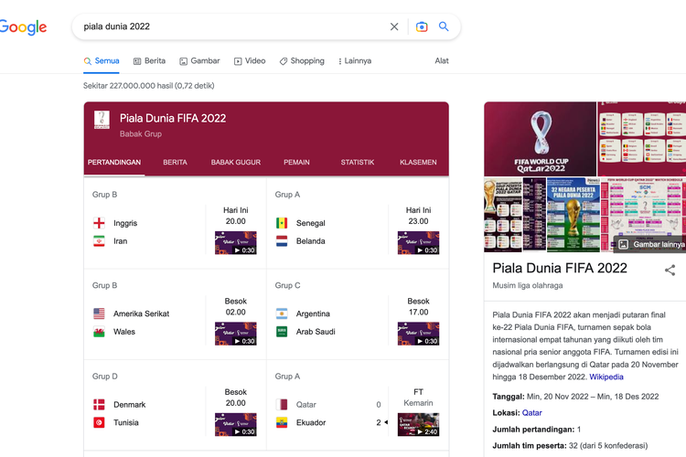 Ilustrasi banner khusus di Google Search untuk cek jadwal dan hasil pertandingan Piala Dunia 2022.