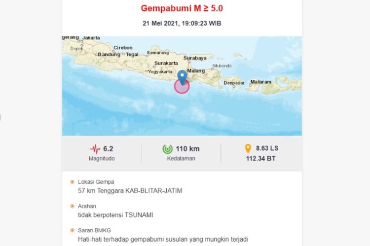 A screenshot of the warning for the 6.2 Richter scale earthquake off Blitar, East Java