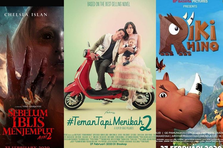 Poster film Sebelum Iblis Menjemput Ayat 2, Teman tapi Menikah 2, dan animasi Riki Rhino.