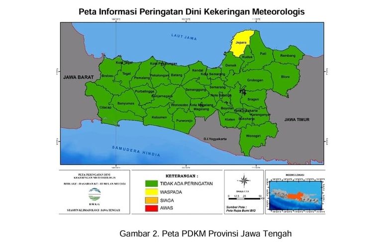 Peta peringatan informasi peringatan dini kekeringan meteorologis di Jateng pada akhir Mei 2024.