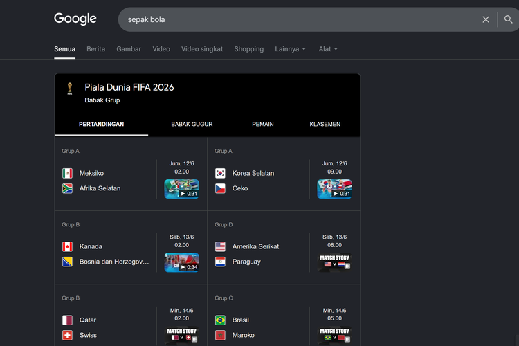 Ilustrasi jadwal pertandingan piala dunia 2026 di Google Search